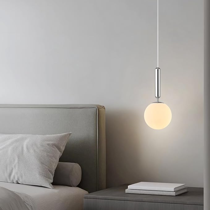 Modern Hanging Light Fixture Pendant Lighting for Kitchen Island Mid Century Chrome Pendant Lights with Globe Milky White Glass Pendant Light for Bedroom Bathroom Entryway (1 Pack)