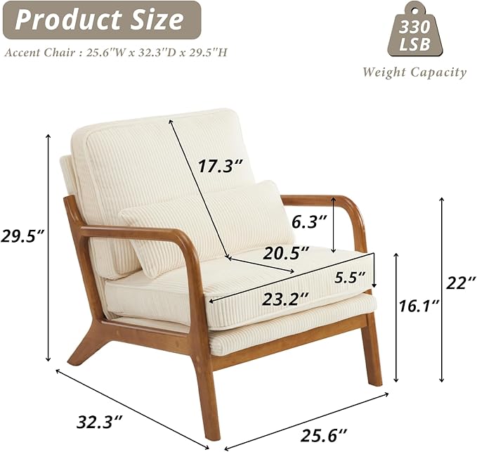 Karl home Mid-Century Modern Accent Chair, Living Room Chairs with Pillow Corduroy Upholstered Lounge Armchair with Solid Wood Frame & Soft Cushion for Bedroom, Reading Room, Beige