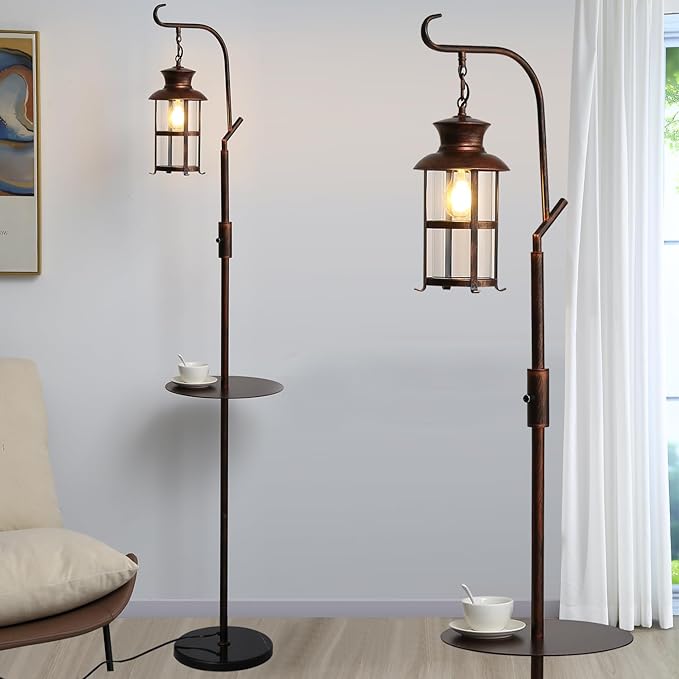 Vintage Dimmable Floor Lamp with matel Table,Classical Lanterns Standing Lamp, Rustic Farmhouse Floor Lamp with Red Copper Finish, for Living Room Bedroom