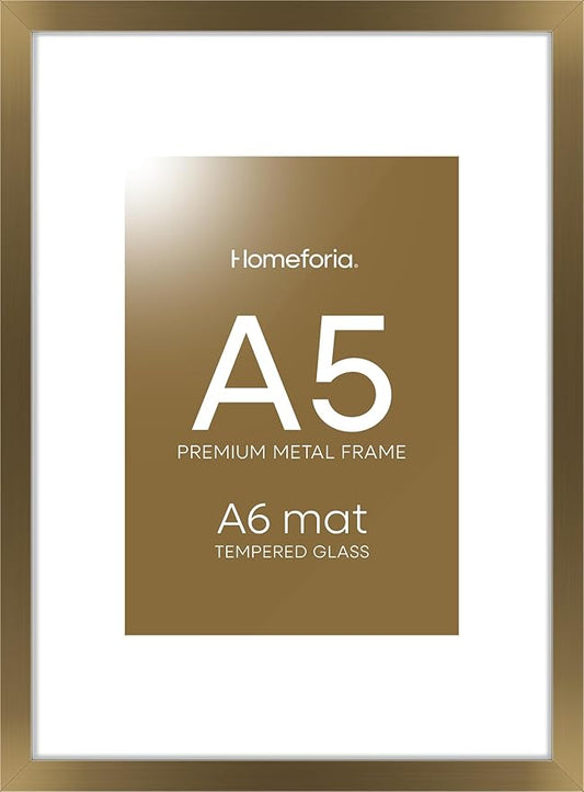 Homeforia A5 Picture Frame Bronze, High End Metal 5.8 x 8.3 Frame Matted to 4.1 x 5.8 Photo, A5 Frame with Mat A6 Art, 5.8x8.3 Poster Frames, 8.3x5.8 Display Frames, Tempered Glass, Wall Kit, Set of 1