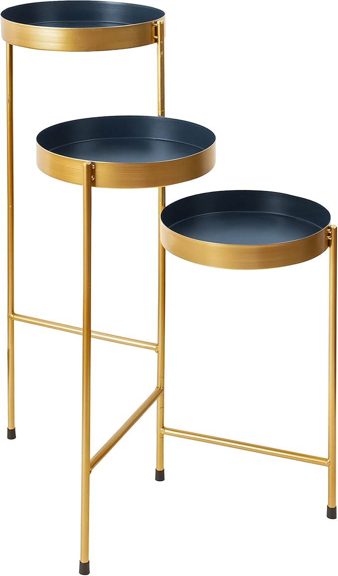 Kate and Laurel Finn Tri-Level Plant Stand; 16 x 21 x 30; Navy and Gold; Decorative Metal Plant Stands for Indoor Plants