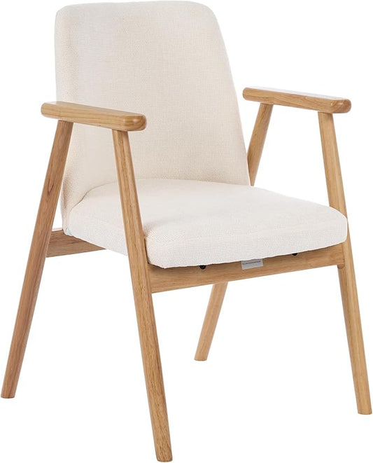 Mid Century Modern Living Room Accent Chair Comfy Reading Armchair with Solid Wood Legs, Soft Seat, Line Fabric for Bedroom, Office, Vanity (Chenille White)