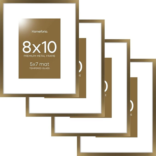 Homeforia Bronze Picture Frames 8x10, High End Metal 8 x 10 Photo Frame with Mat 5 x 7 Art, 10x8 Brass Frame Matted to 5x7 inch Print, 8by10 Wall or Tabletop Frames, Tempered Glass, Wall Kit, Set of 4