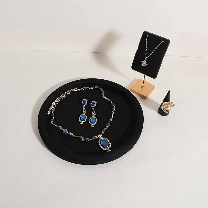 GemeShou Round Jewelry Organizer plate, Top Microfiber velvet Jewerly display tray, Empty Jewelry showcase tray for Necklace Bracelet Ring Earring display stand holder (Black-Large, 9.8 x 9.8 in)