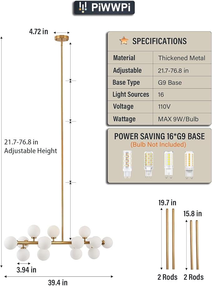 Glass Globe Sputnik Chandelier, 16-Light Mid Century Modern Light Fixture Over Table, Linear Chandeliers for Dining Room, Kitchen Island, Brass Gold and Milk White Bubble, 40 Inch, GC-02