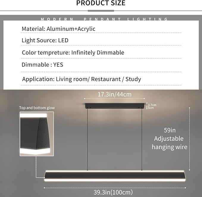 Linear Pendant Lights Kitchen Island, Dimmable LED Chandeliers for Dining Room, Modern Billiard Room Pool Table Light Ceiling Pendant Lamp for Bar Office, Black, Adjustable Height