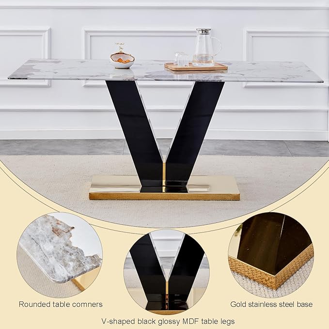 71'' Dining Table Set for 8,Marble Dining Table Set,Modern Kitchen Table with 8 PU Leather Chairs,Gold Dining Room Table Set with V-Shaped Black Glossy Pillars,Ideal for Kitchen Dining Room