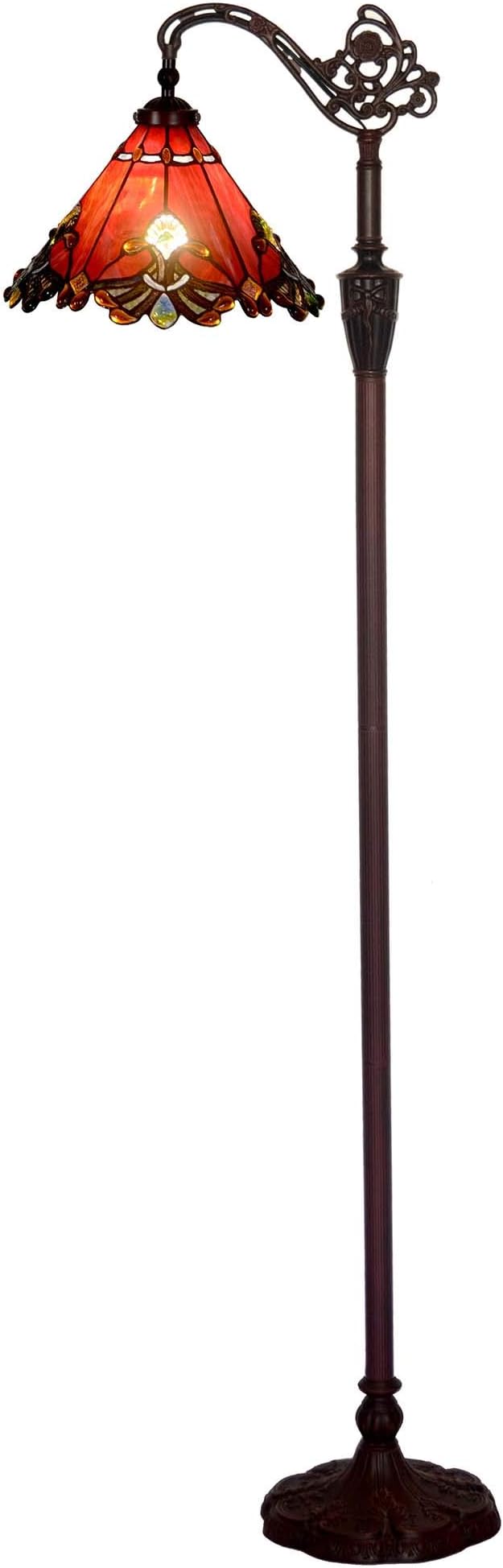 Bieye L10681 Baroque Tiffany Style Stained Glass Reading Floor Lamp with 13 Inch Wide Handmade Lampshade, Metal Base with Dark Brown Baking Finish, Red, 65 Inch Tall