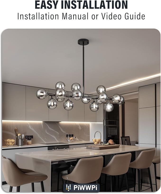 Glass Globe Sputnik Chandelier, 16-Light Mid Century Modern Light Fixture Over Table, Linear Chandeliers for Dining Room, Kitchen Island, Black and Smoke Grey Bubble, 40 Inch, GC-02