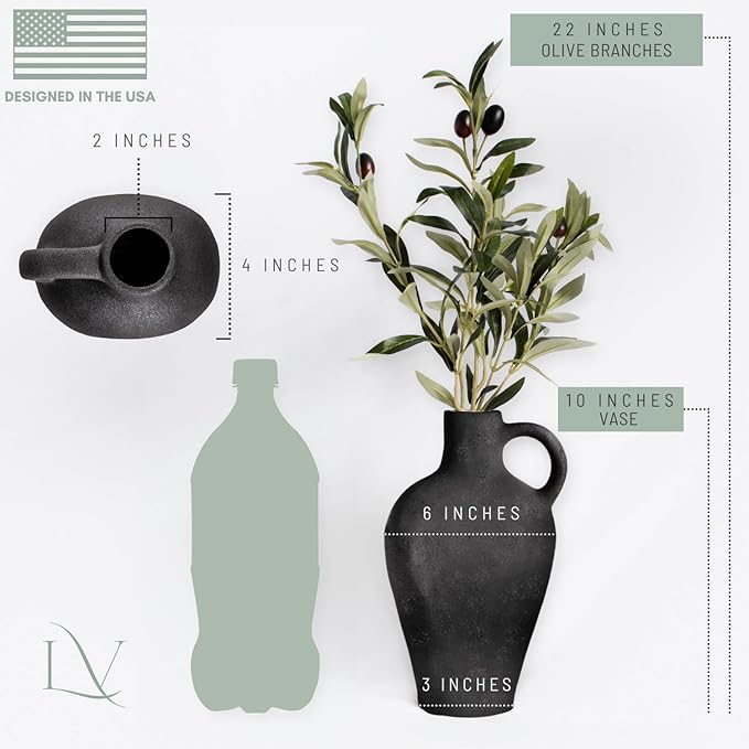 Luxurious Gift Set Textured Ceramic Vase 10 Inch with Olive Branches 22 Inch Tall Black Medium Vase Artificial Topiaries Fake Plants, Minimalist Shelf Decor, Neutral Home Office High End Gifting Decor