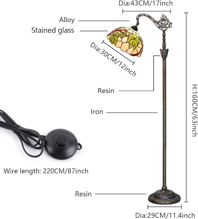 Tiffany Floor Lamp Green Grape Leaf Stained Glass Lamp Tiffany Style Floor Lamp Retro Adjustable Upright Warm Light Reading Lamp Home Decoration Lighting Living Room Bedroom Office Dining Room Study