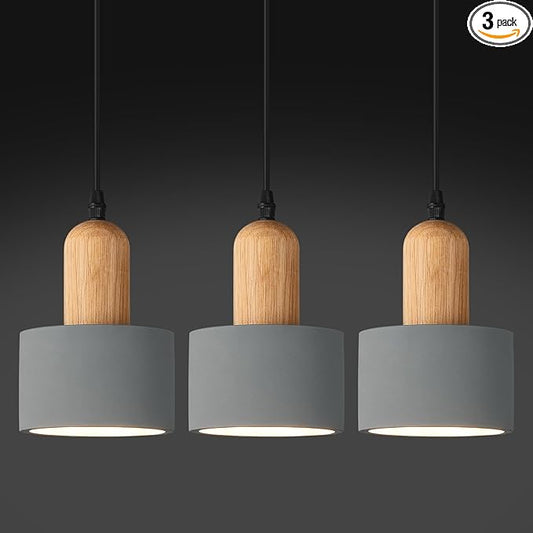 Modern Cement Pendant Lights Grey Chandelier Wooden Ceiling Lamps for Kitchen Island Bedroom Dining Room Living Room bar（3 Pack）
