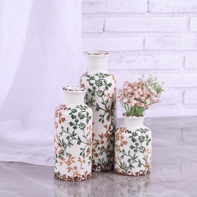 Farmhouse Vase for Home Decor, Ceramic vase Set of 3. Vintage Flower Vase Suitable for Home Decor, Living Room, Shelf Decor, Dining Table Decor (Green and Orange)