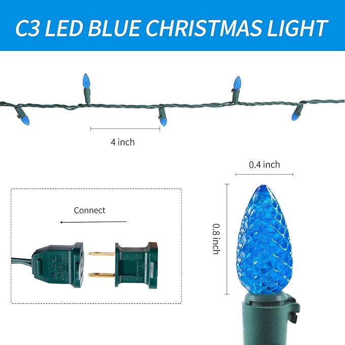 Christmas C3 Bulbs Light String 50 LED Multicolor Strawberry Xmas Tree Outdoor Indoor Waterproof Decoration Plug in 18 Feet Used for Patio Party Festive Courtyard Home (Blue)