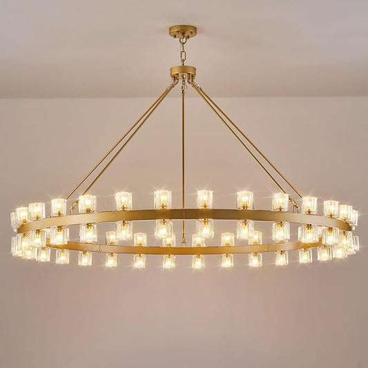 60 Inch Gold Wagon Wheel Chandelier with Crystal Shade, 60 Lights, Modern Farmhouse Style, Ideal for Dining Room, Kitchen, Entryways