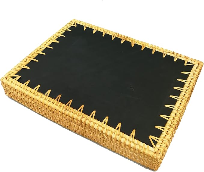 i-lan 14 Inch Rectangular Rattan Woven Tray Basket with Light Blue MOP Wooden Base and Handles, Boho Wicker Coffee Table Serving Tray Décor with 2 Inch Wall, Handmade Display Basket for Dining Room