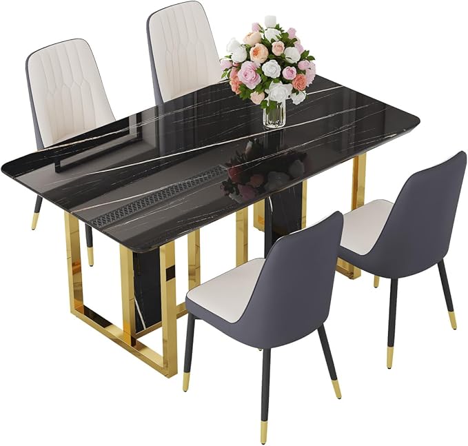 TesNus 63" Black Dining Table Set for 4 with Chairs,Modern Faux Marble Rectangular Kitchen Table and Chairs Set Luxury 5 Piece Dining Room Set with Gold Metal Legs,Easy Assemble,Stable Base