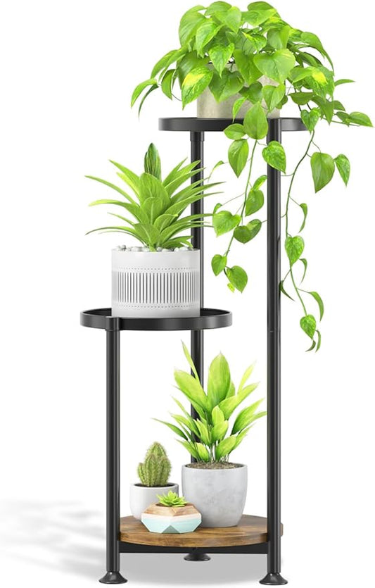 3 Tier Plant Stand Indoor Outdoor, 10in Wide Metal Tiered Tall Flower Pot Holder Multiple Shelf, Large Heavy Duty Round Rack for Patio Garden Living Room Balcony Corner Bathroom Orchid,Modern Black