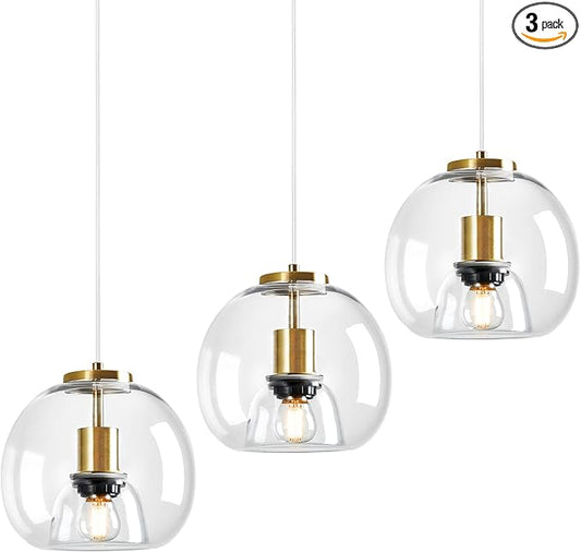 Clear Glass Pendant Lights Kitchen Island 3 Pack 7.87" Glass Globe Pendant Light Gold Hanging Light Fixture Modern Pendant Lighting for Kitchen Island Bedroom Dining Room