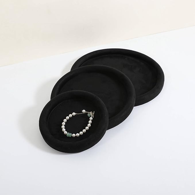 GemeShou Round Jewelry Organizer plate, Top Microfiber velvet Jewerly display tray, Empty Jewelry showcase tray for Necklace Bracelet Ring Earring display stand holder (Black-Small, 5.9 x 5.9 in)