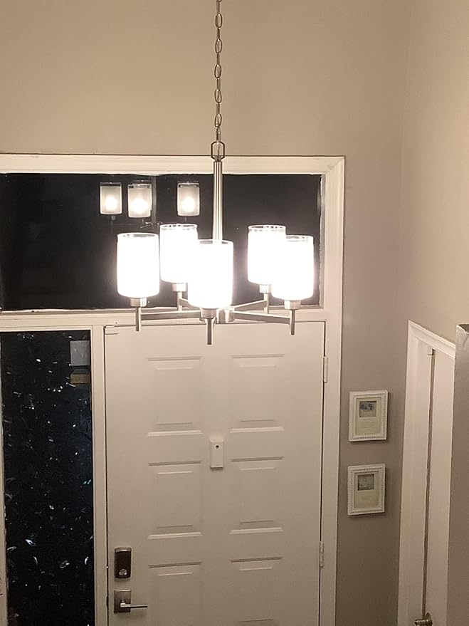 Doraimi Lighting 5 Light Chandelier Brushed Nickel Finish,Classic Style Ceiling Pendant Light Clear Frosted Glass Shade Fixture for Meeting Room Dining Room Over Table Living Room