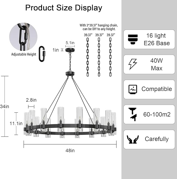 48 Inch Black Chandelier, Wagon Wheel Chandelier with Glass Shade, 16-Lights Large Round Modern Farmhouse High Ceiling Pendant Lighting Fixture for Dining Room, Living Room, Kitchen, Foyer