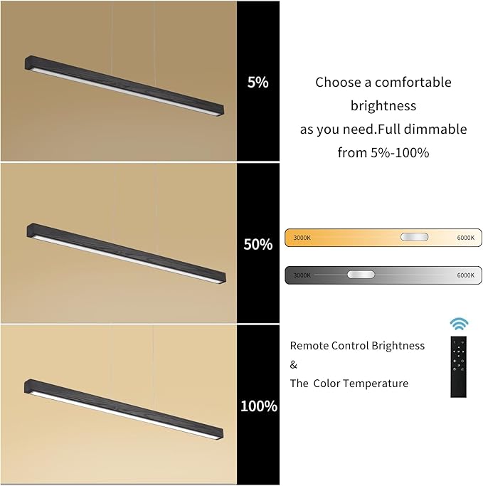47" Black Linear Pendant Light Wooden Led Linear Pendant Light Fixtures Ceiling Hanging Dimmable Pendant Lights for Dining Room Kitchen Island Pool Table Lights Black Wood Finish