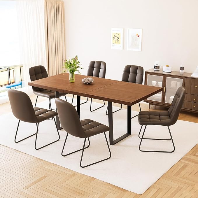 ZckyCine 67" Expandable Walnut Dining Table with 6 PU Leather Chairs, 7-Piece Modern Dining Set, Sturdy Metal Legs, Adjustable 51"-67" Rectangle Table for Kitchen & Dining Room