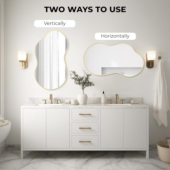 WallBeyond Gold Irregular Wall Mirror, Modern Asymmetrical Mirror Aluminum Frame for Bedroom, Bathroom, Living Room, and Entryway 36" H x 20" W (Gold)