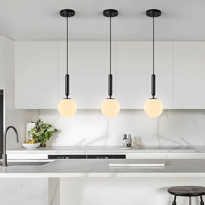 Modern Hanging Light Fixture Pendant Lighting for Kitchen Island Mid Century Black Pendant Lights with Globe Milky White Glass Pendant Light for Bedroom Bathroom Entryway (3 Pack)