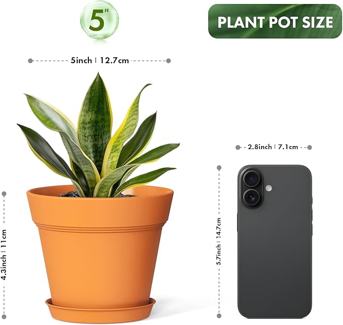 5 Inch Plastic Plant Pots with Drainage Holes and Trays – 6 Pack Small Nursery Pots for Indoor & Outdoor House Plants and Flowers, Seedling Starter Planters, Terracotta