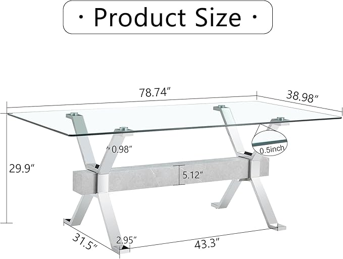 79" Glass Dining Table, Modern Kitchen Table, Modern Dining Table Set for 6, 0.5" Thick Tempered Glass Tabletop with Silver Chrome Metal Legs and Grey Crossbar, Ideal for Dining Room, Kitchen