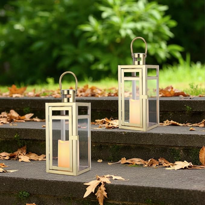 TRIROCKS Set of 2 Stainless Steel Decorative Lantern 12'' High Metal Candle Holder Outdoor Candle Lantern with Tempered Panels for Home Decor Living Room Parties Events Tabletop Indoor Outdoor (Gold)