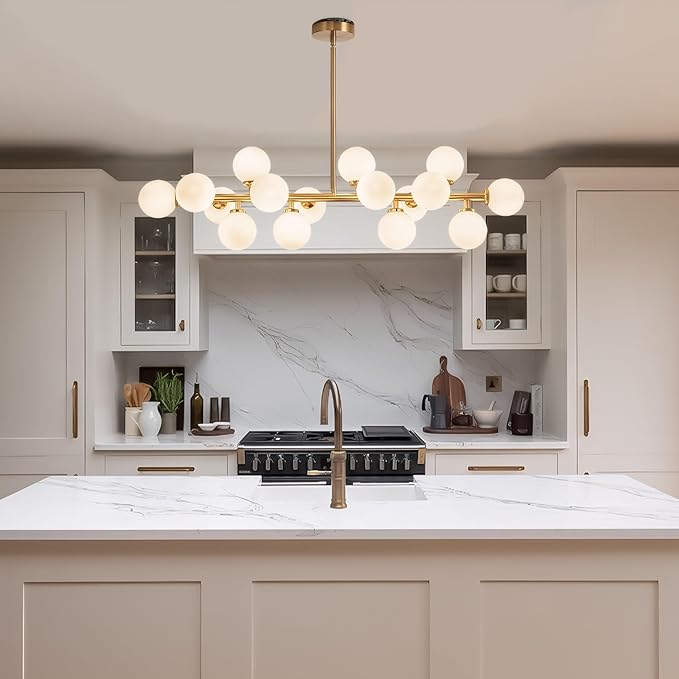 Mid Century Modern Chandelier Brass Gold Pendant Lighting Fixture Linear Chandeliers for Kitchen Island, Dining Room 16-Light