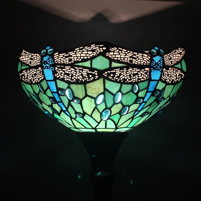 Tiffany Floor Lamp Torchiere Stained Glass Torch Lamp 12X12X67 Inch Antique Standing Corner Light (Green Dragonfly)