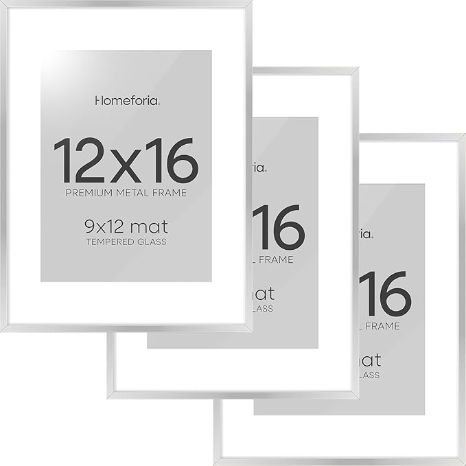 Homeforia 12 x 16 Picture Frame Silver, High End Metal 12x16 Poster Frames with Mat 9x12 Photo, 12 x 16 Silver Frame Matted to 9 x 12 in Print, 16by12 Hanging Frame, Tempered Glass, Wall Kit, Set of 3