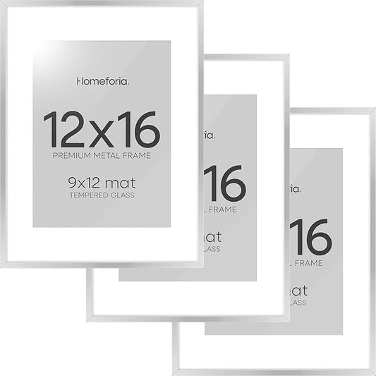 Homeforia 12 x 16 Picture Frame Silver, High End Metal 12x16 Poster Frames with Mat 9x12 Photo, 12 x 16 Silver Frame Matted to 9 x 12 in Print, 16by12 Hanging Frame, Tempered Glass, Wall Kit, Set of 3