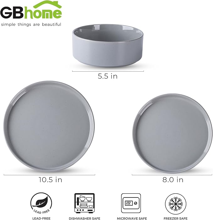 Dinnerware Set for 4, 12 Piece Speckled Plates and Bowls Set with Glazed Bottom, Chip & Scratch Resistant Stoneware Plates Sets, Dishwasher & Microwave Safe Dishes (Limestone, Service for 8)