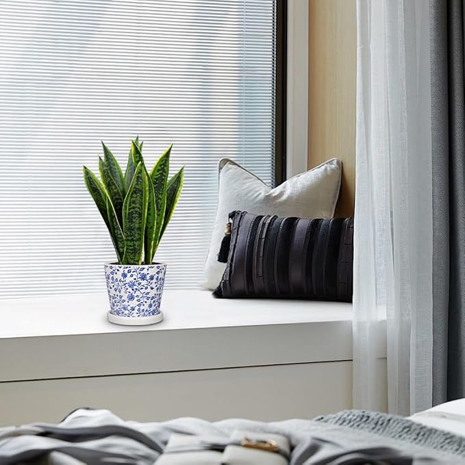 Fake Plants 15.7" Artificial Snake Plant Faux Plants in Blue and White Pot Tropical Sansevieria Silk Plant Fake Potted Plants Indoor for Home Living Room Bathroom Office Housewarming Gift Decor
