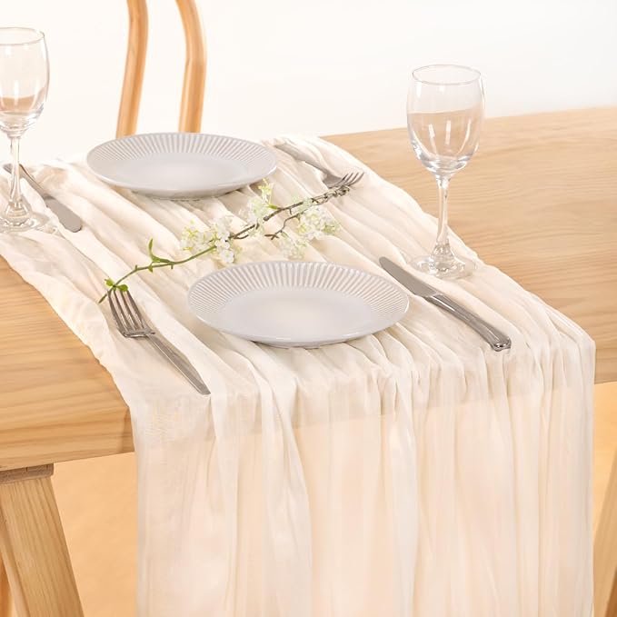 MLMC 12 Pack Ivory White Cheesecloth Table Runner Rustic Gauze White Cheese Cloth Fall Table Runner 10ft Boho Cheese Cloth Centerpiece 35x120 Inches for Dessert Anniversary Wedding Bridal Shower Decor