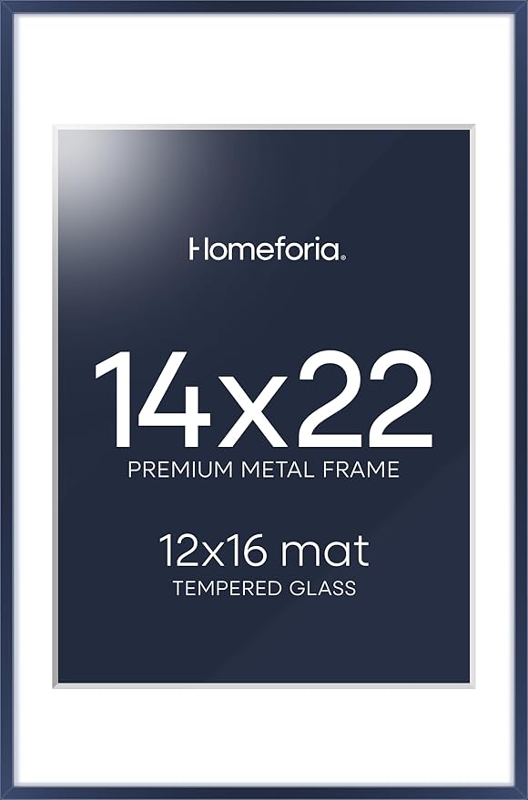 Homeforia 14x22 Picture Frame Navy Blue, High End Metal 14x22 Poster Frames with Mat 12x16 inch Photo, 14 x 22 Navy Blue Frame Matted to 12 by 16 Print, 22x14 Frame, Tempered Glass, Wall Kit, Set of 1