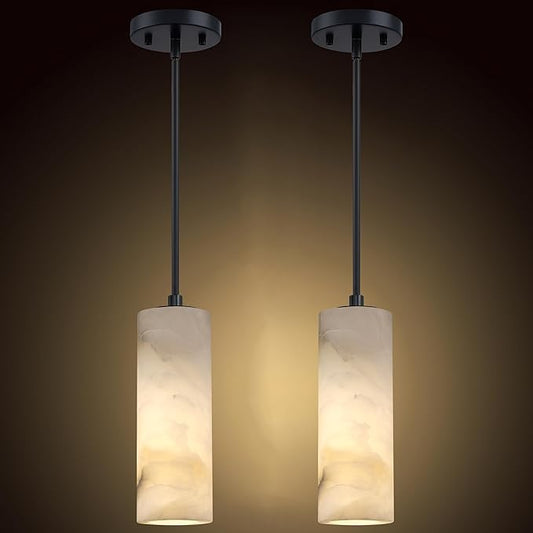 1 Light Modern Industrial Farmhouse Hanging Kitchen Island Pendant Ceiling Light Fixture,Cylinder Natural Alabaster Marble Black Finish Over Sink Restaurant bar Corridor
