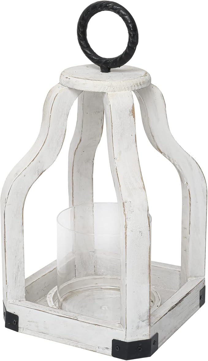 SwallowLiving 13" Rustic Farmhouse Wood Candle Hurricane Lantern with Glass Candlestick Holder for Patio, Table Centerpiece, White