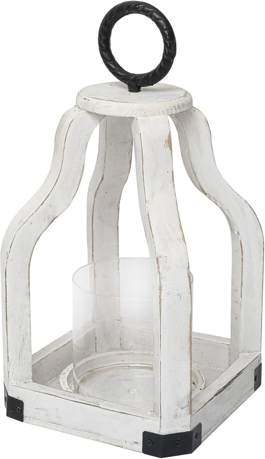 SwallowLiving 13" Rustic Farmhouse Wood Candle Hurricane Lantern with Glass Candlestick Holder for Patio, Table Centerpiece, White