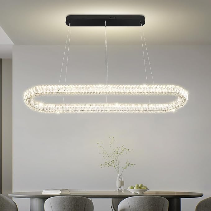 Oval Crystal Chandelier, 55'' Black Crystal Ring Pendant Light for Kitchen Island Modern Linear Oval Chandeliers for Dining Room Dimmable 3000K-6000K