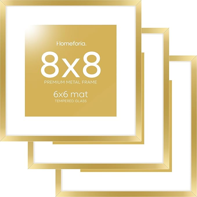 Homeforia 8x8 Picture Frame Gold, High End Metal 8 x 8 Square Photo Frames with Mat 6 by 6, 8x8 Poster Frame Matted to 6x6 inches Print, 8by8 Wall or Tabletop Frame, Tempered Glass, Wall Kit, Set of 3