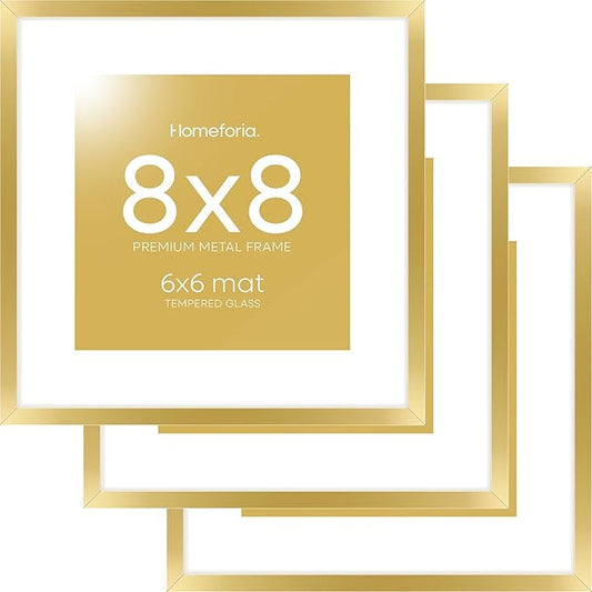 Homeforia 8x8 Picture Frame Gold, High End Metal 8 x 8 Square Photo Frames with Mat 6 by 6, 8x8 Poster Frame Matted to 6x6 inches Print, 8by8 Wall or Tabletop Frame, Tempered Glass, Wall Kit, Set of 3