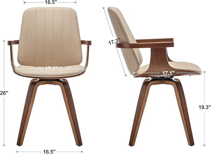 Dining Chairs Set of 2, Mid Century Modern Dining Chairs with Walnut Craftsmanship, Upholstered Faux Leather, Wooden Arms and Legs, Dining Chair with Arms for Kitchen/Living Room (Beige, Swivel)