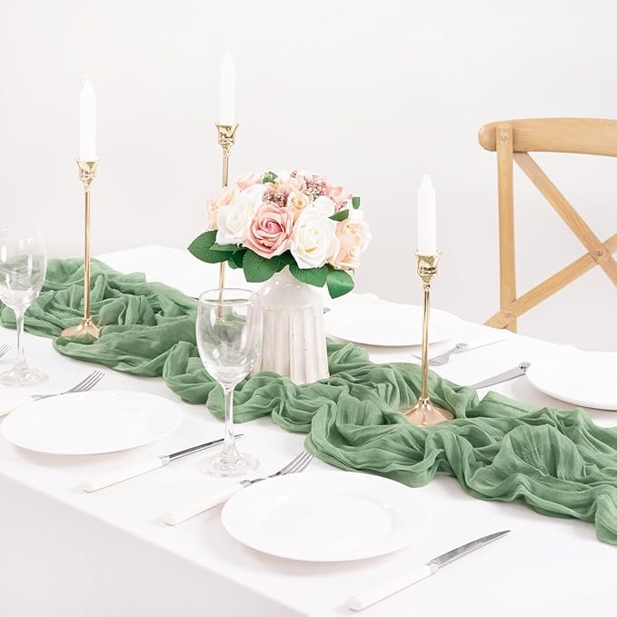 MLMC 8 Pack Sage Green Table Runner 10ft Rustic Gauze Cheesecloth Table Runner 35x120 Inches Cheese Cloth for Fall Boho Wedding Bridal Shower Centerpiece Decor