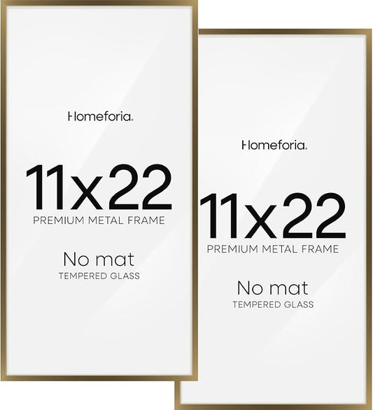 Homeforia 11x22 Bronze Newspaper Frame, High End Metal 11 x 22 Picture Frame without Mat, 22x11 Thin Bronze Poster Frames for Wall, 11by22 inch Display Photo Frames, Tempered Glass, Wall Kit, Set of 2